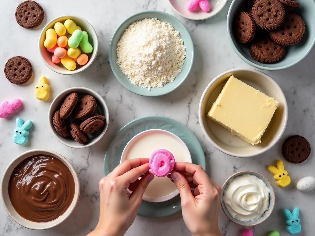 Ingredients for homemade Easter Peeps dirt cake