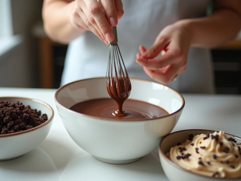 Preparing chocolate pudding and cookie crumbs for dirt cake