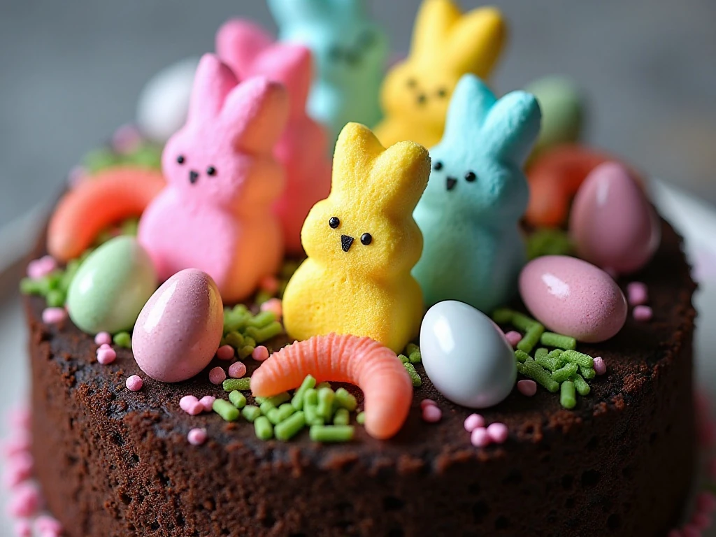 Easter decorations on top of Peeps dirt cake