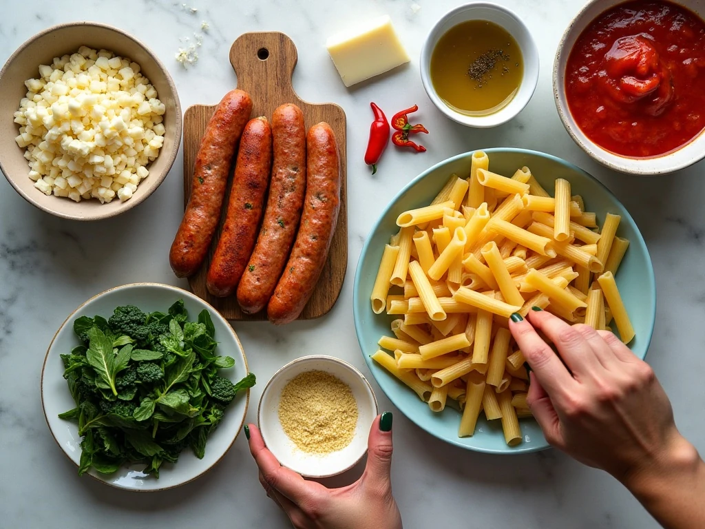 Ingredients for penne with spinach and chicken sausage