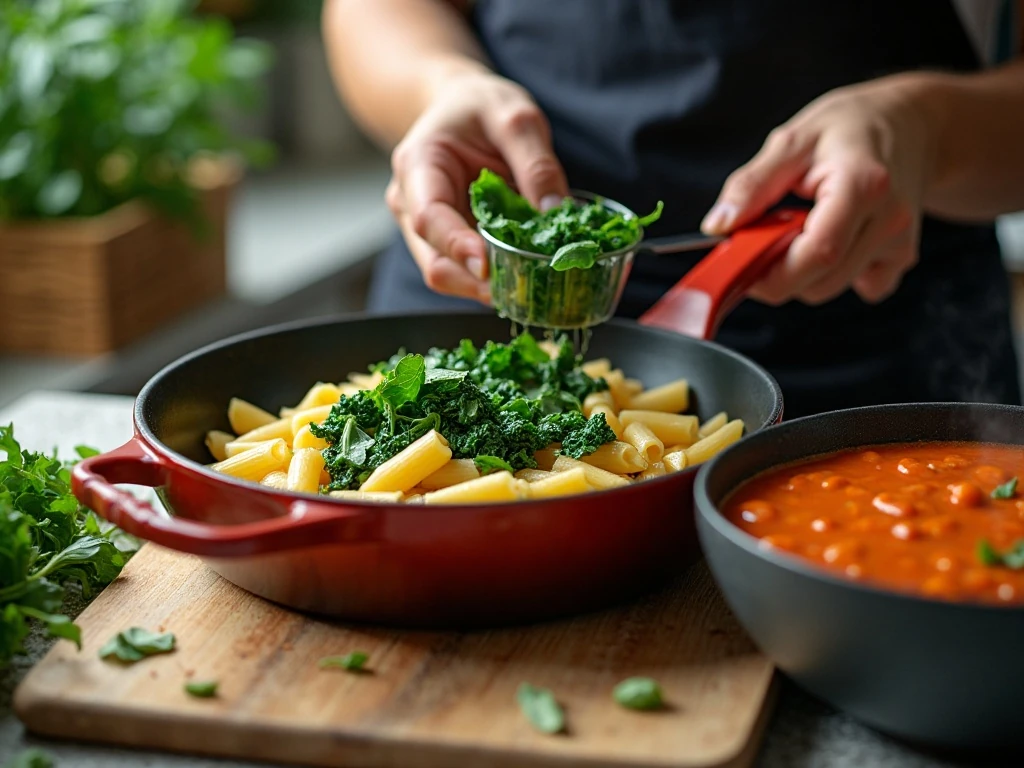 Well-drained spinach and al dente penne prepared for the skillet
