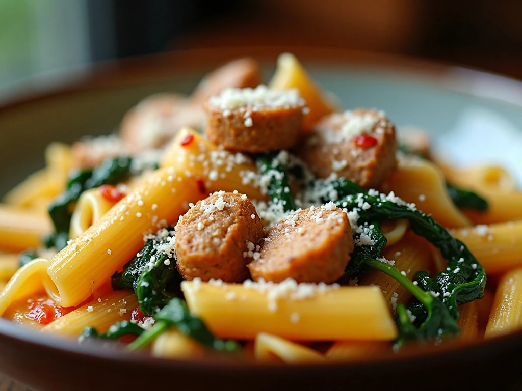 Close-up of Asiago-topped penne with spinach and chicken sausage