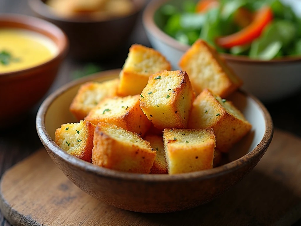 Golden homemade garlic butter croutons served with salad and soup