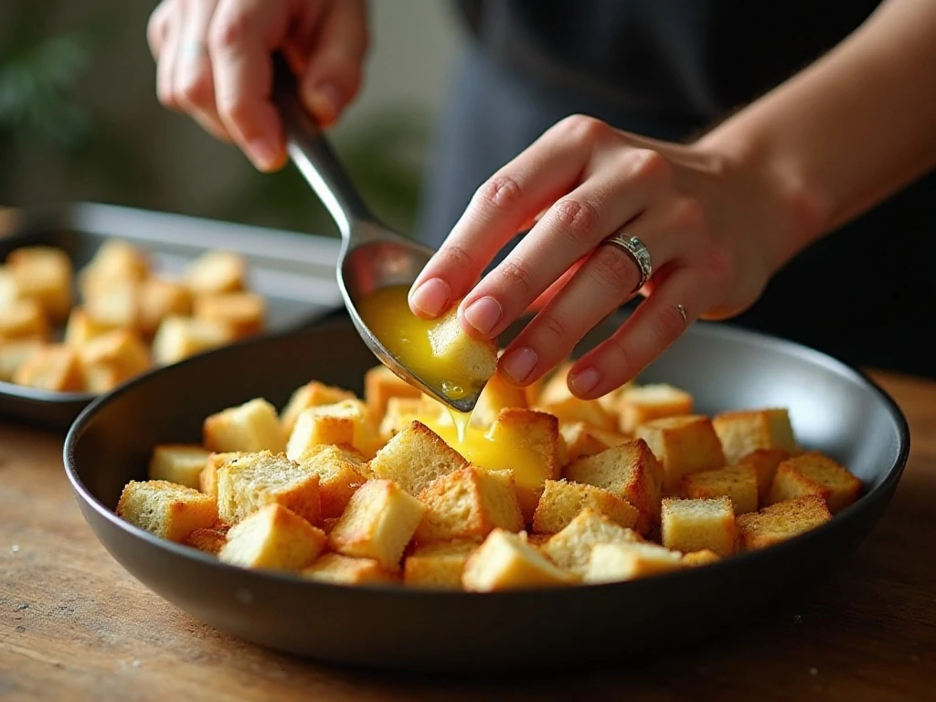Bread cubes being coated with garlic butter for homemade croutons