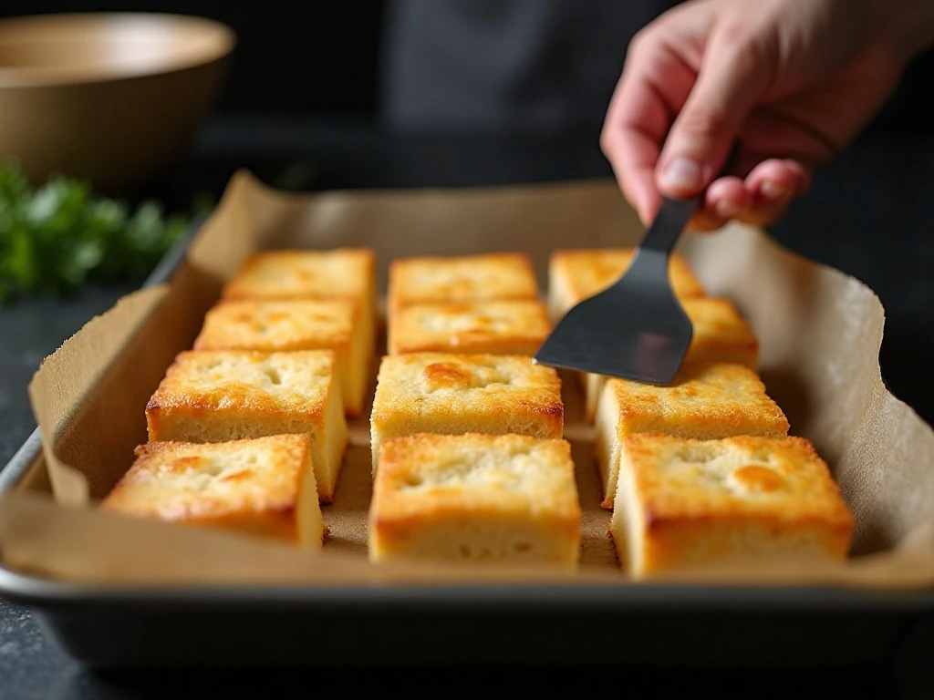 Garlic butter croutons baking in an even layer