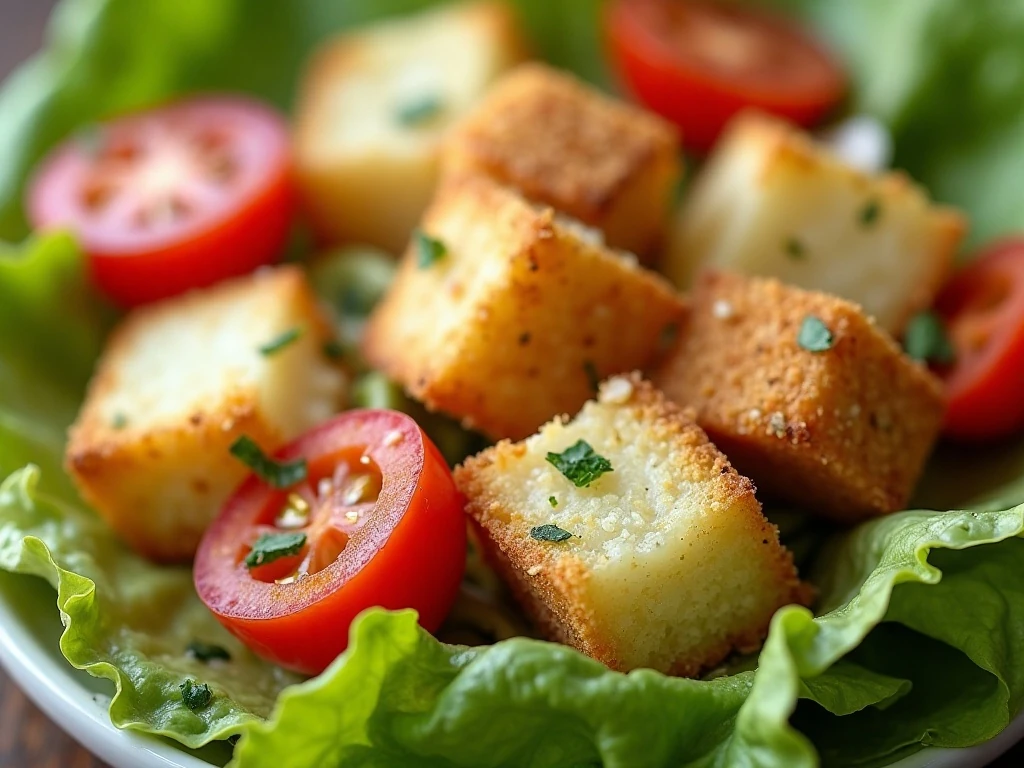 Crispy garlic butter croutons topping a fresh salad
