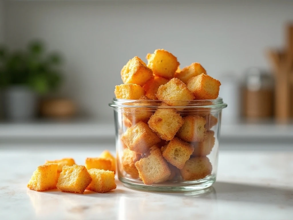 Homemade garlic butter croutons stored in an airtight container