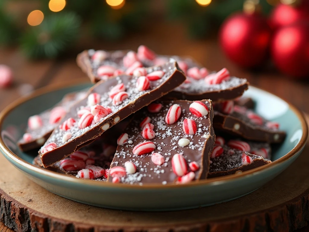Homemade peppermint bark pieces arranged on a holiday dessert plate
