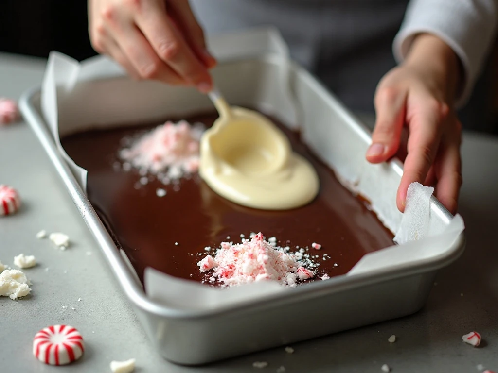 Spreading white chocolate over the dark chocolate peppermint bark layer