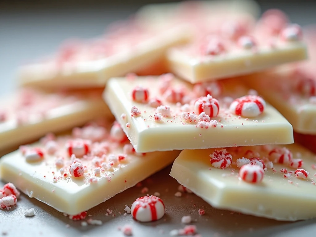 Close-up of crushed candy cane topping on peppermint bark