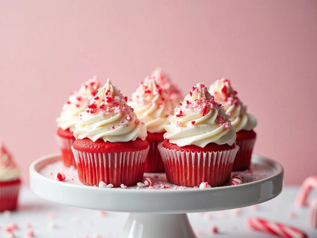 Peppermint butter candy cane cupcakes arranged for a holiday dessert table
