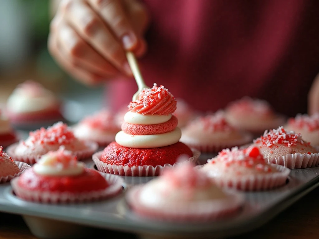 Creating red and white swirls in peppermint cupcake batter