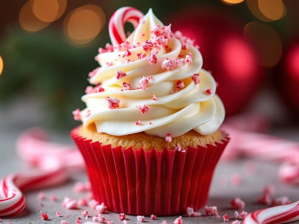 Candy cane garnish on peppermint buttercream cupcakes