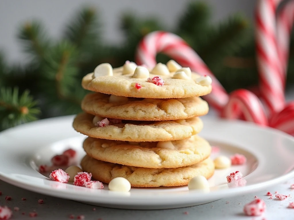 Stack of soft peppermint cake mix cookies with white chocolate and candy cane pieces