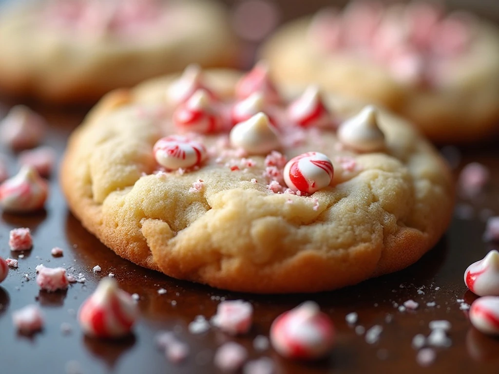 Close-up of a soft peppermint cookie with white chocolate and candy cane crunch