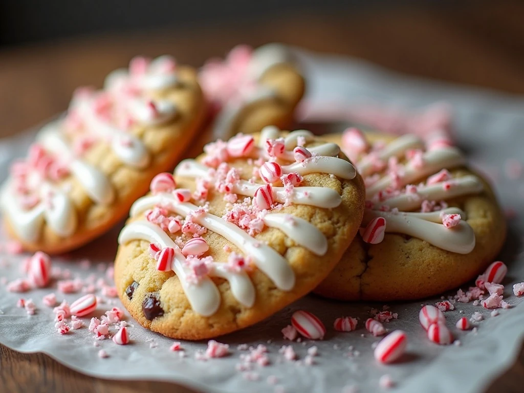 Decorated peppermint cake mix cookies with white chocolate drizzle