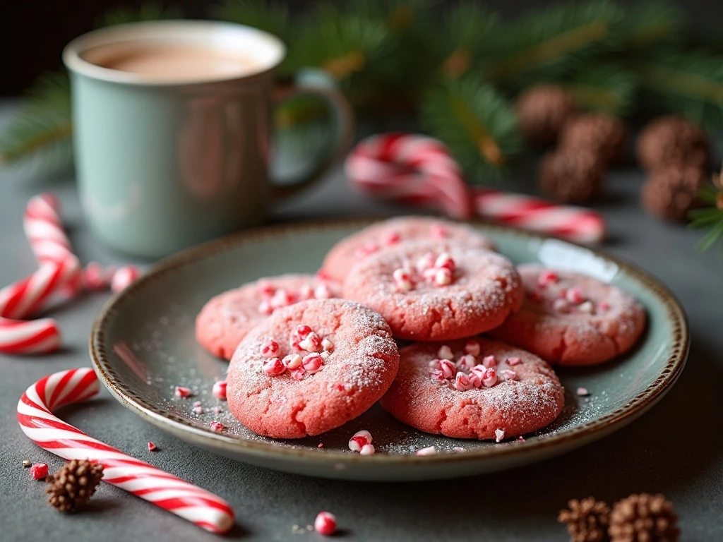 Peppermint cookies served on a holiday dessert platter with hot cocoa