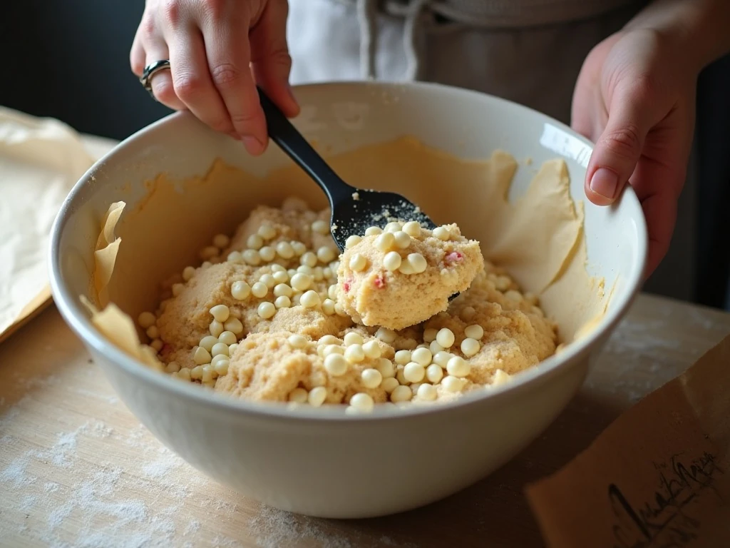 Mixing white chocolate chips into peppermint cookie dough