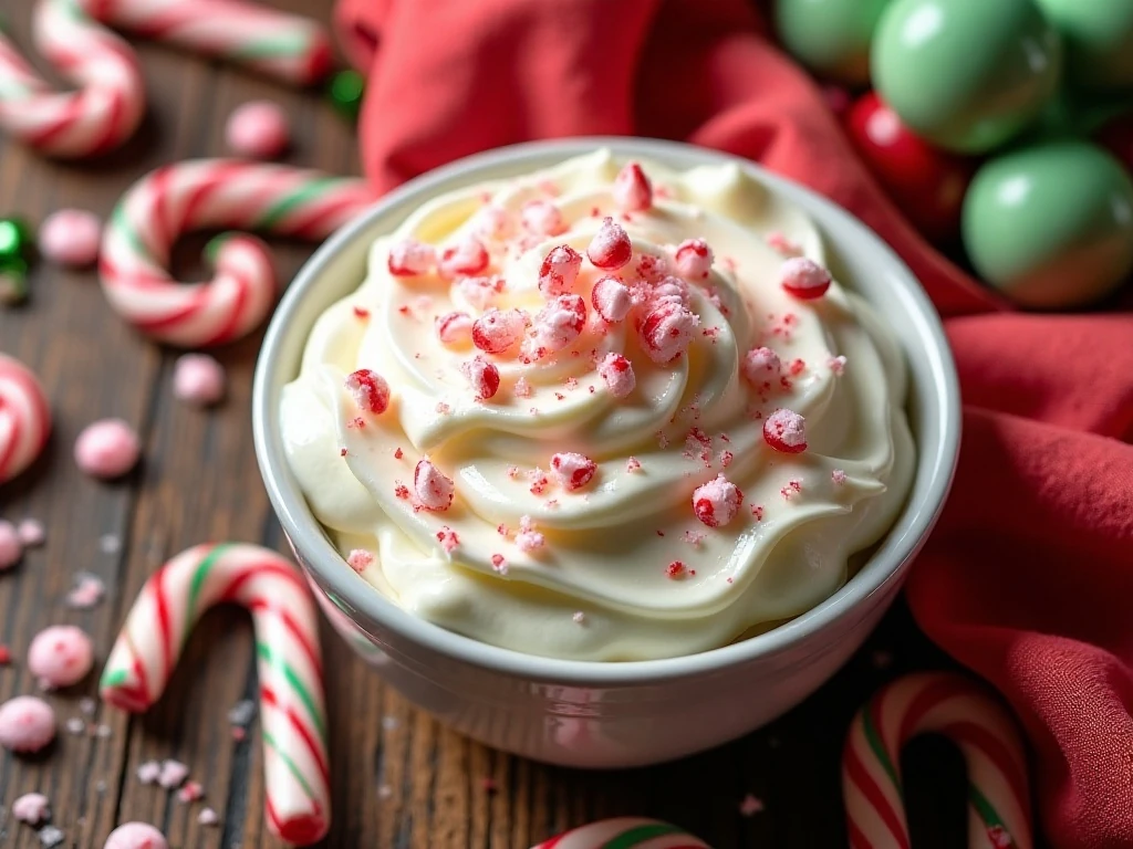 Peppermint cheesecake dip surrounded by cookies, fruit, crackers, and pretzels