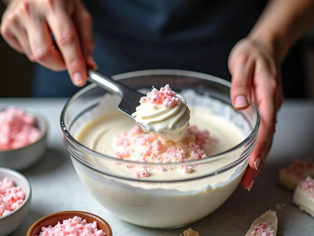 Folding crushed peppermint candy into cheesecake dip