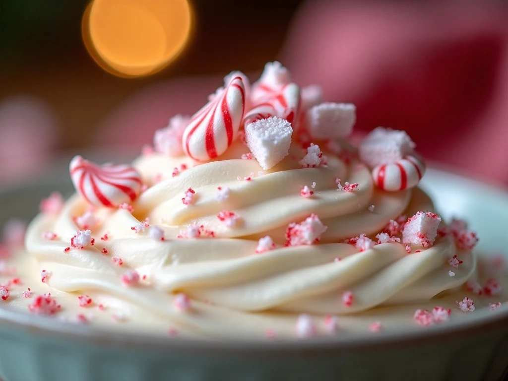 Close-up of peppermint candy pieces in creamy cheesecake dip
