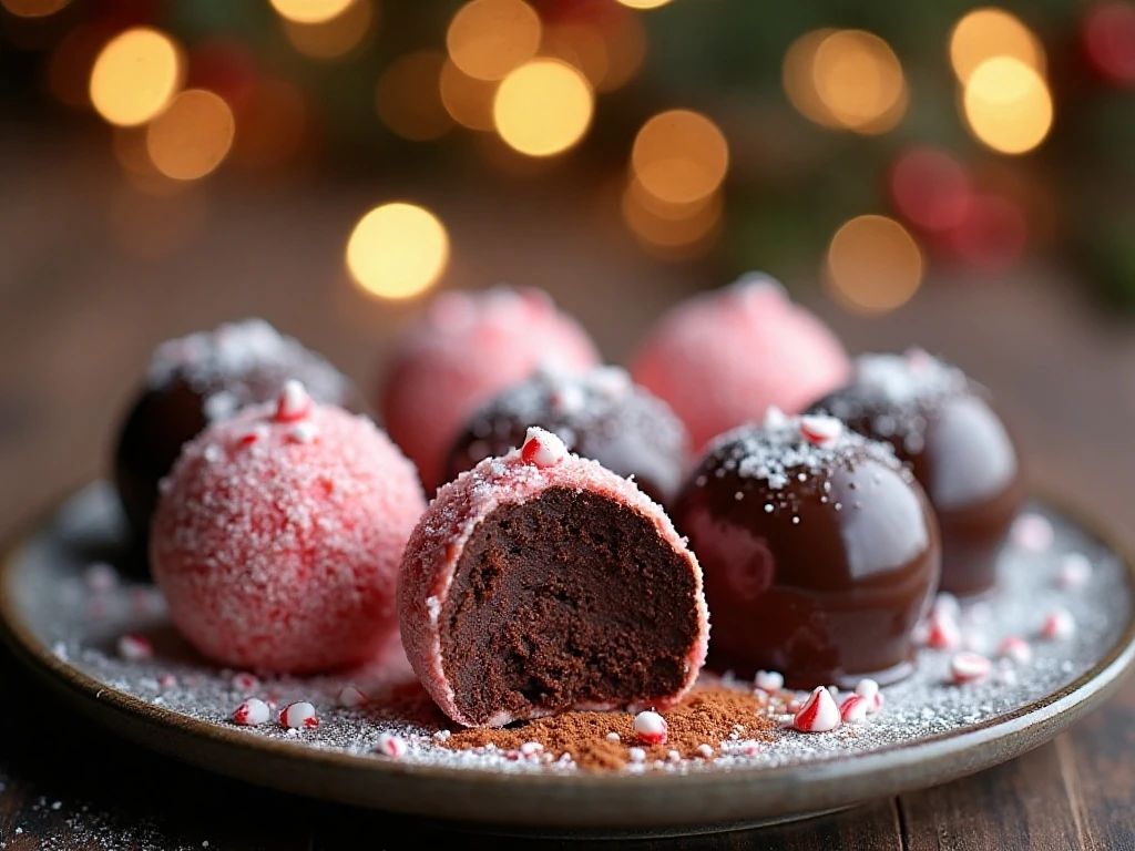 Peppermint chocolate truffles in candy cane, cocoa, and chocolate coatings
