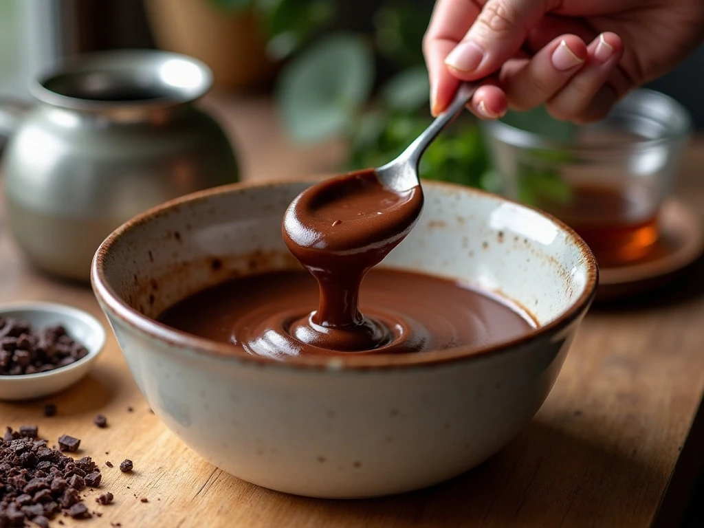 Stirring chocolate ganache for peppermint truffles