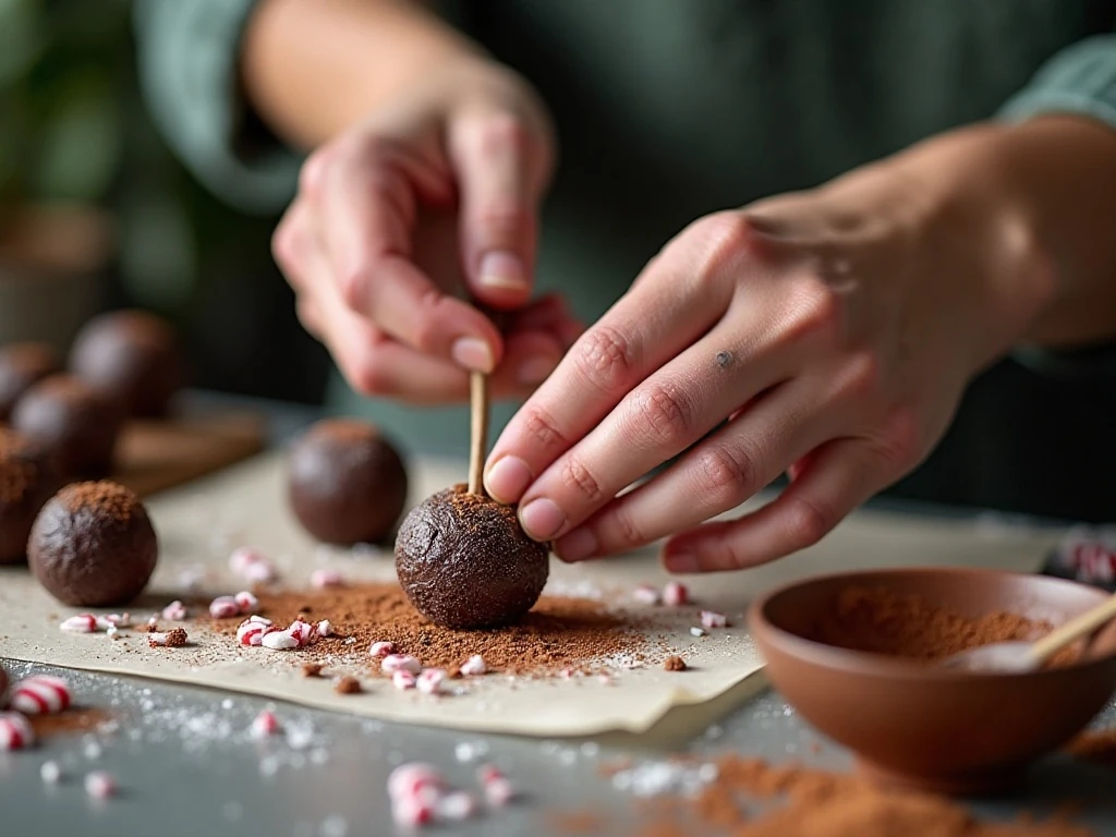 Rolling chocolate truffles in crushed peppermint candies
