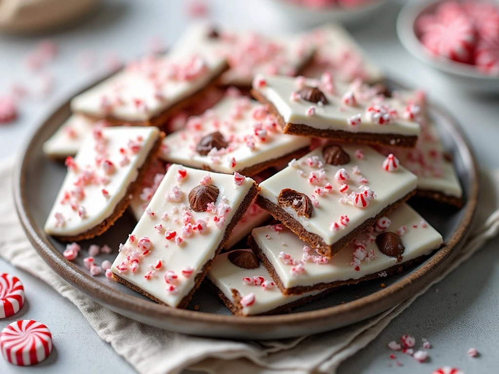 Festive peppermint cookie bark pieces arranged on a dessert platter