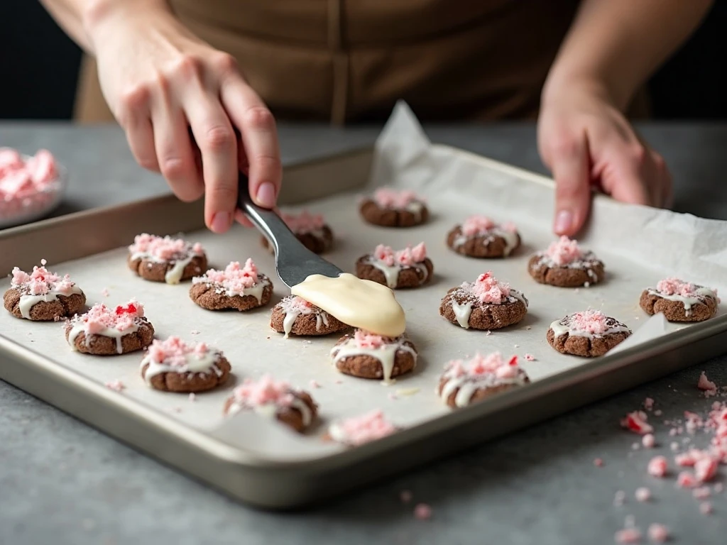 Spreading cookie bark mixture on a parchment-lined baking sheet