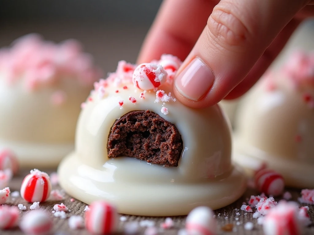 Crushed peppermint pressed into chocolate cookie bark