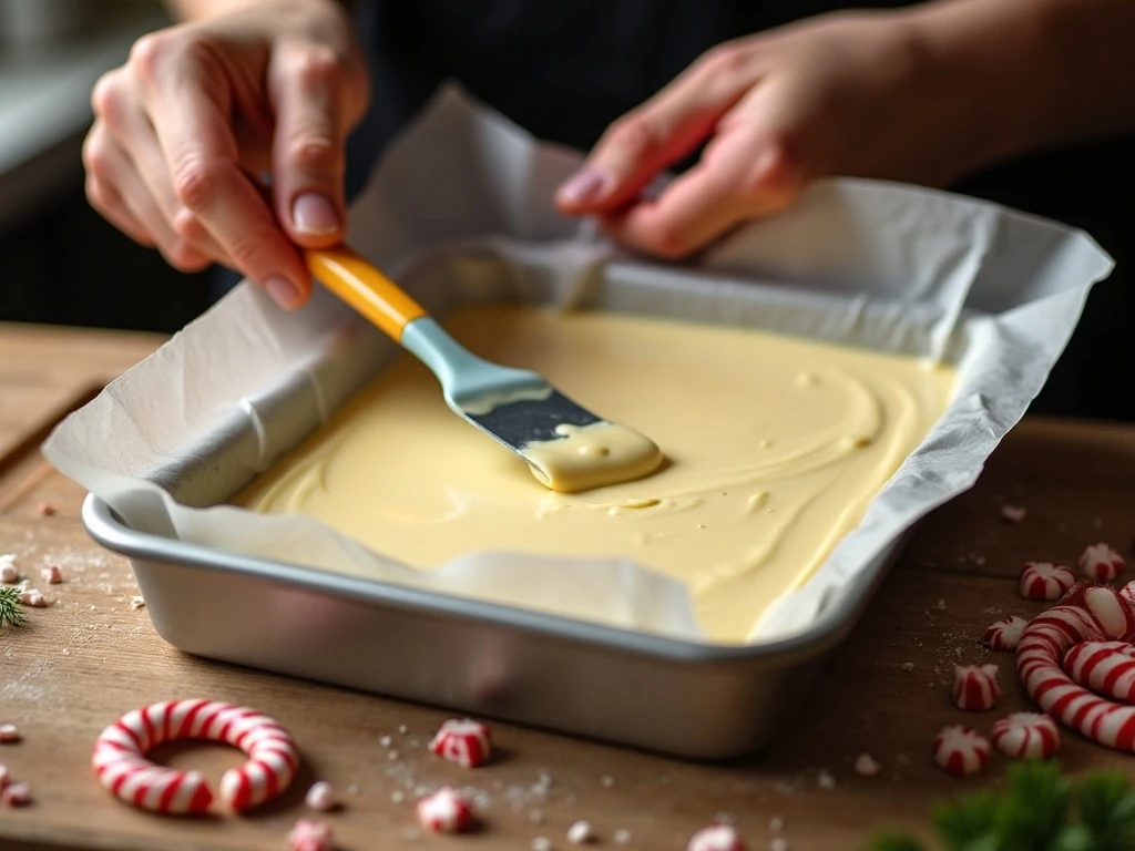 Spreading melted peppermint fudge into a square pan