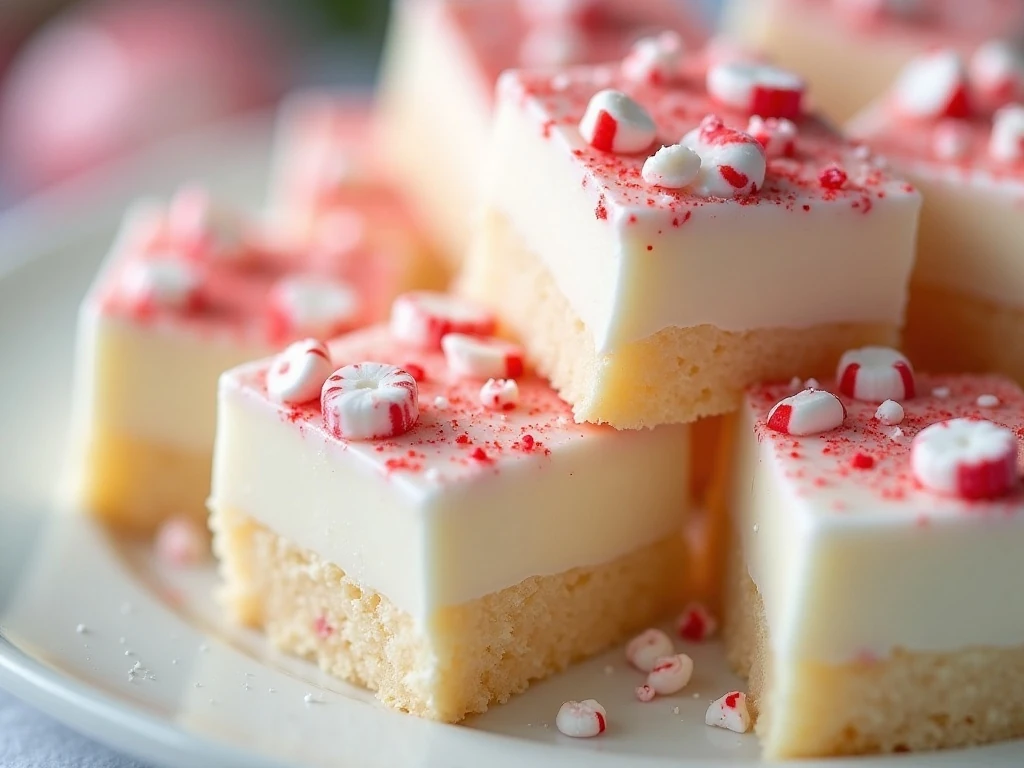 Close-up of smooth peppermint fudge with crushed candy topping