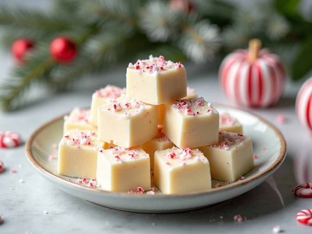 Small squares of creamy peppermint fudge arranged on a holiday plate