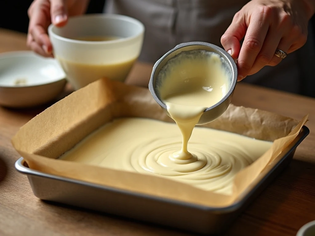 Smooth white chocolate fudge mixture being stirred before spreading in a pan