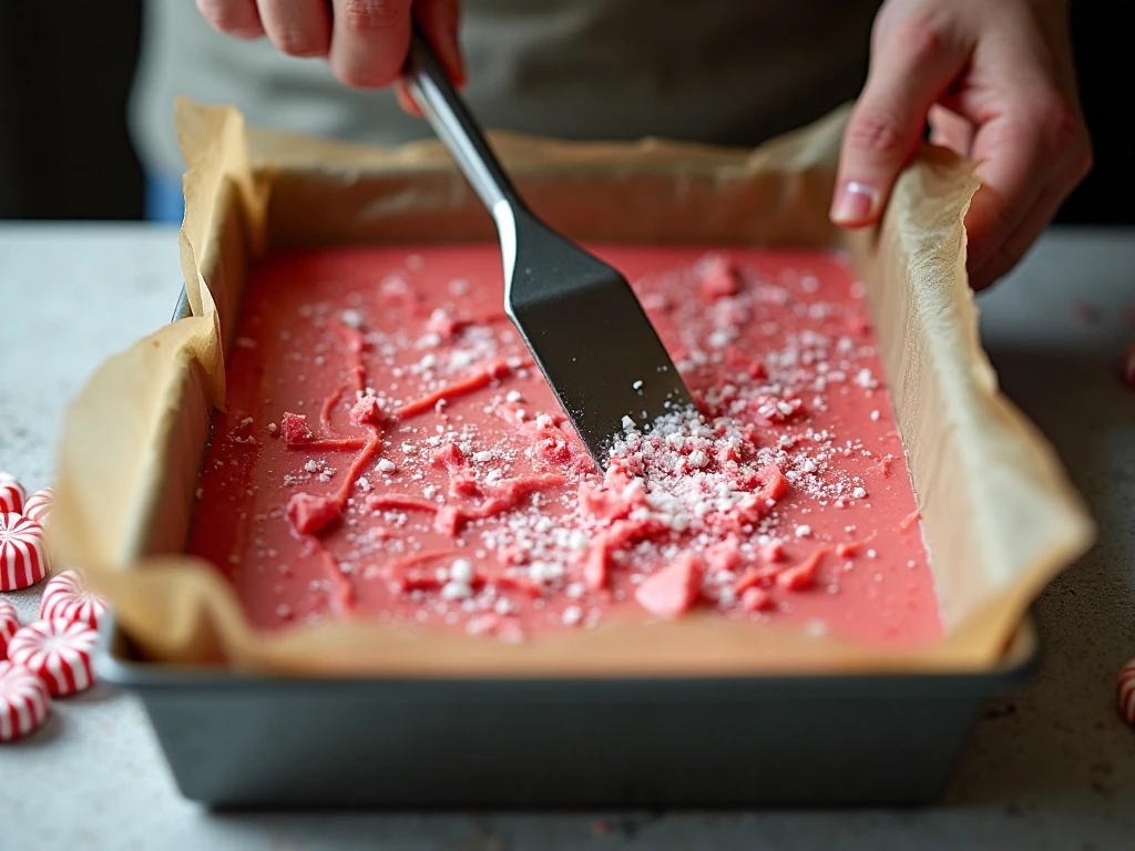 Peppermint fudge being spread evenly in a parchment-lined square pan