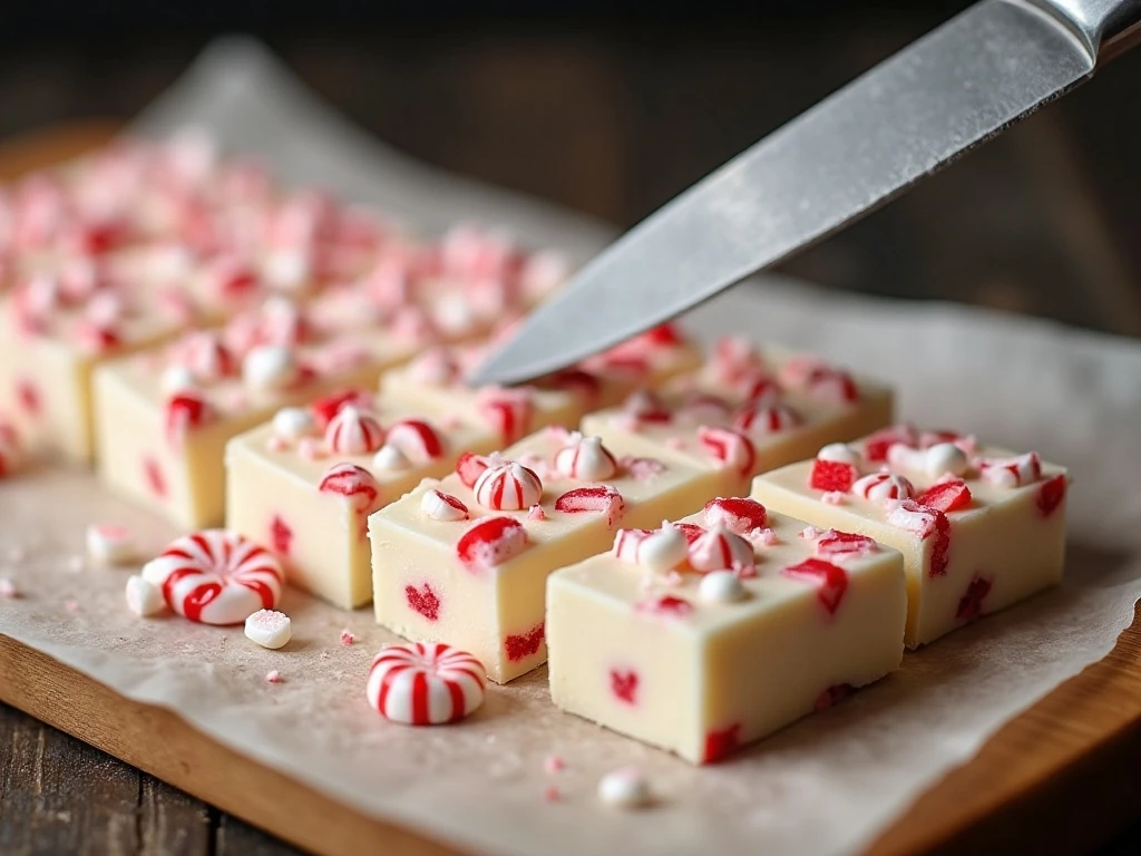 Cleanly cut peppermint fudge squares with crushed candy cane topping
