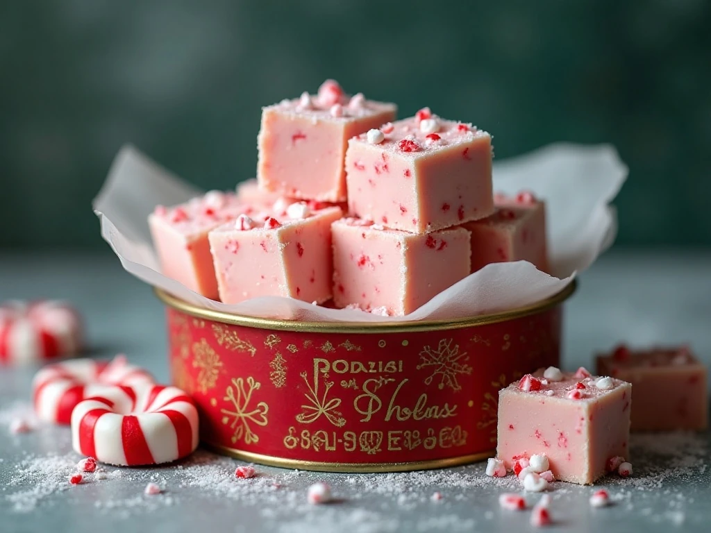 Peppermint fudge squares stored in a parchment-lined festive container