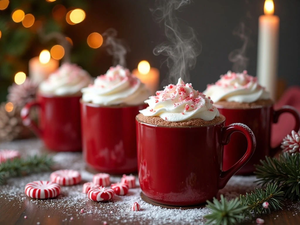 Creamy peppermint hot chocolate served in mugs with whipped cream