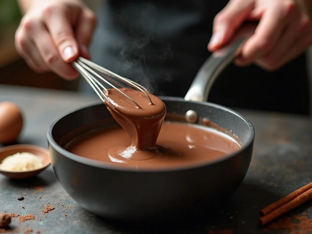 Whisking melted chocolate into warm milk for peppermint hot chocolate