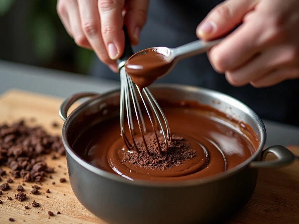 Finely chopped chocolate melting into smooth hot cocoa