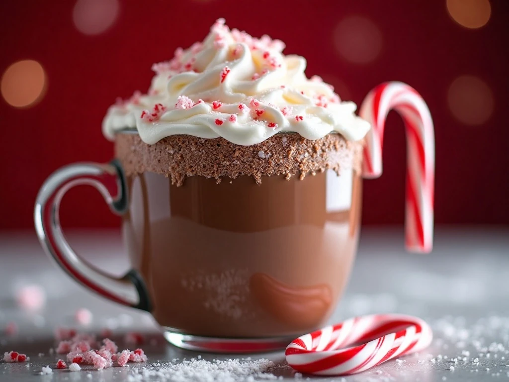 Peppermint hot chocolate with whipped cream and candy cane garnish