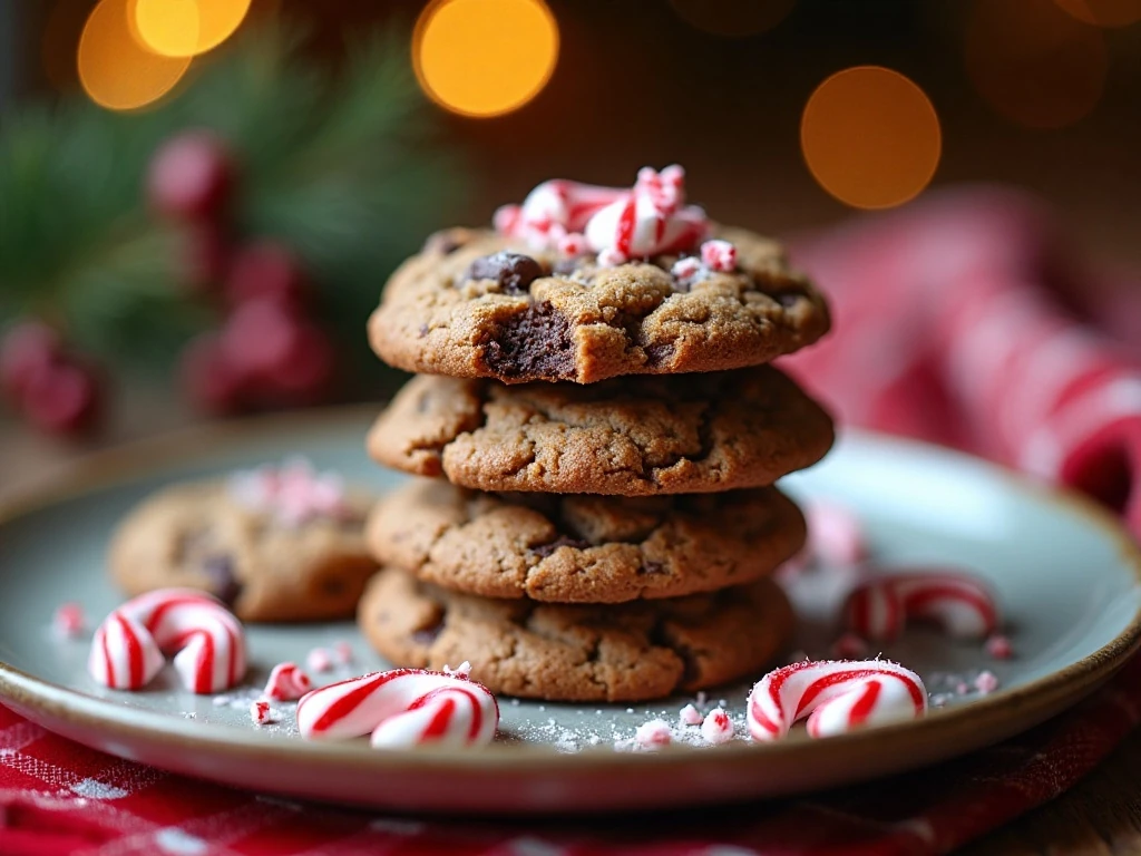 Stack of chewy peppermint mocha cookies with chocolate chips and candy cane pieces