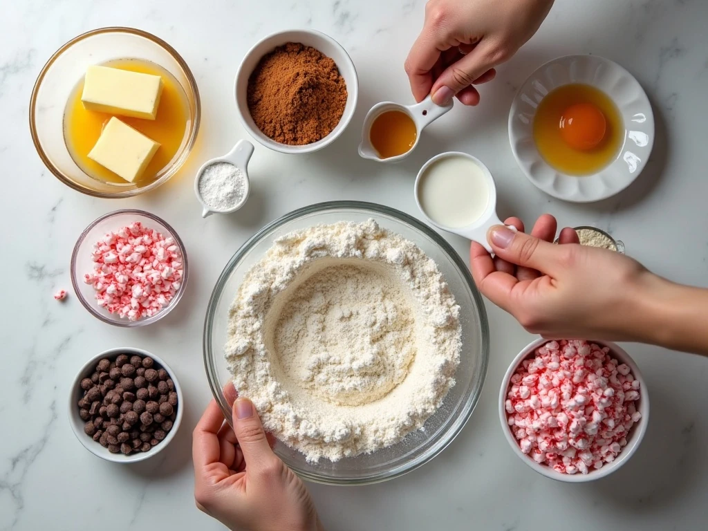 Ingredients for chewy peppermint mocha cookies arranged in a flat lay