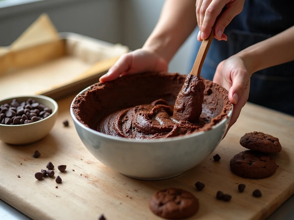 Chocolate peppermint mocha cookie dough being mixed before chilling