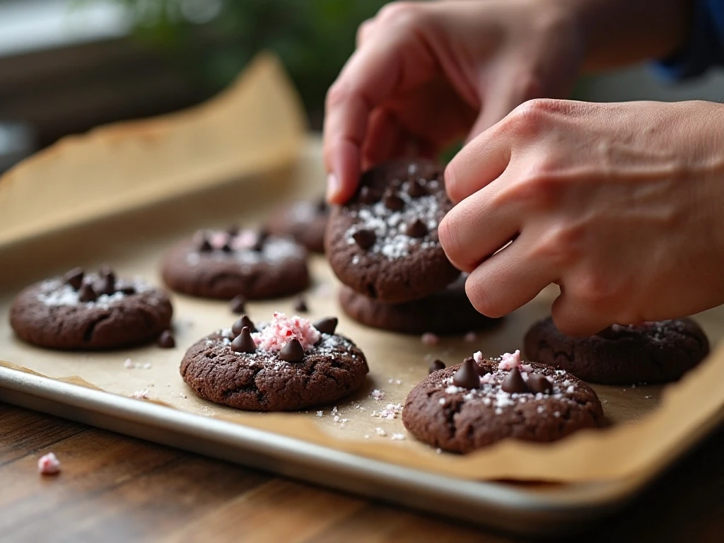 Freshly baked cookies topped with chocolate chips and crushed peppermint