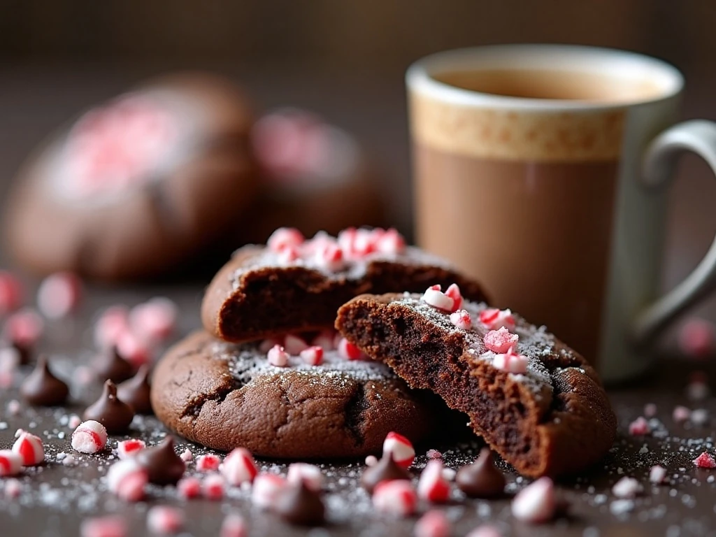Close-up of a soft peppermint mocha cookie with candy cane topping