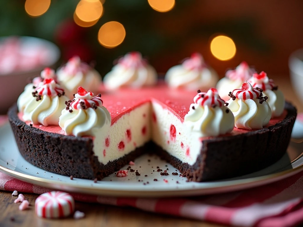 Finished no-bake peppermint pie with chocolate crust and candy cane garnish