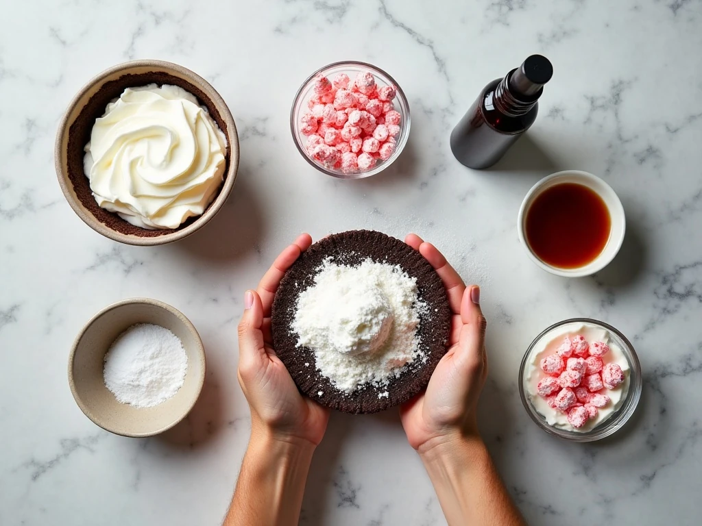 Ingredients for easy no-bake peppermint pie arranged on a countertop