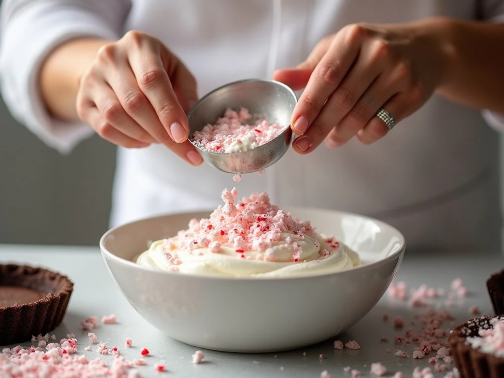Folding crushed peppermint candies into the creamy pie filling